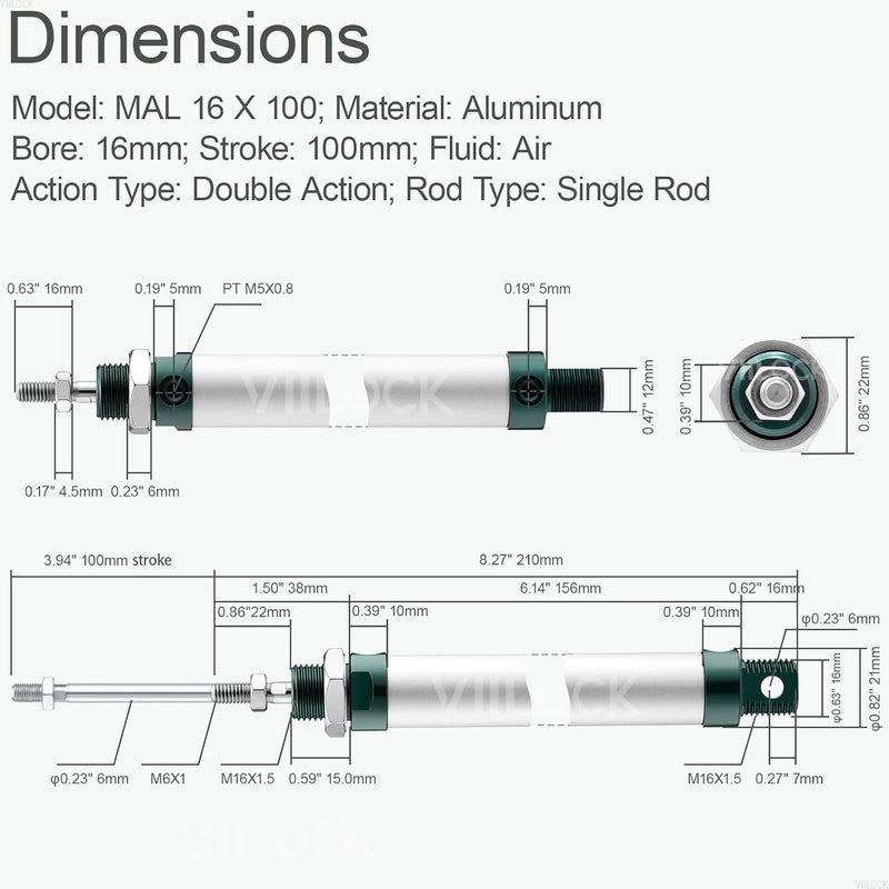 VIILOCK Pneumatic Air Cylinder 16mm Bore 100mm Stroke, Mini Air Cylinder Single Rod Double Action MAL 16 X 100 - Image 4